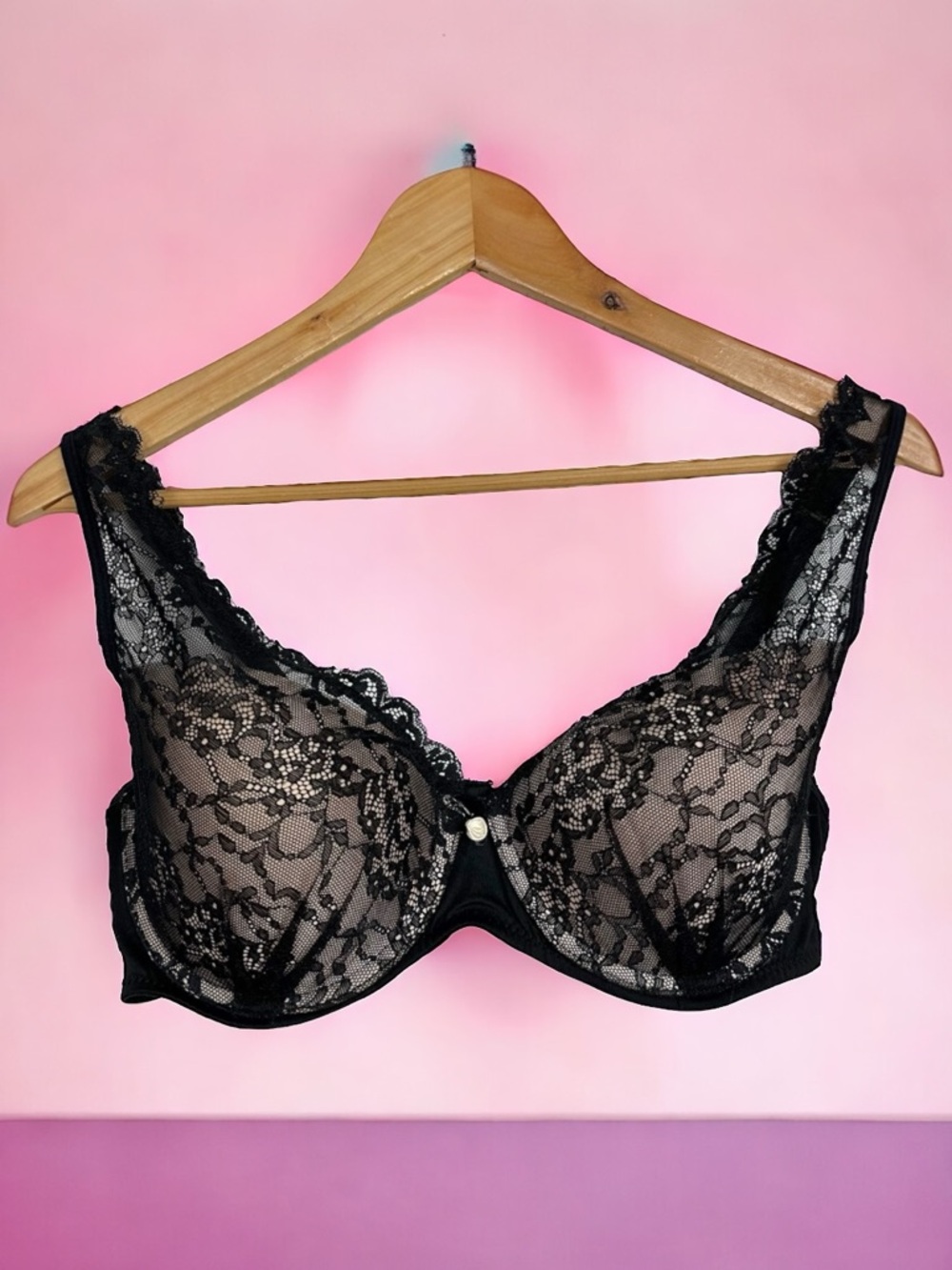 Marilyn Monroe Padded Push Up Underwire Sheer Floral Lace Bra Black 36D
